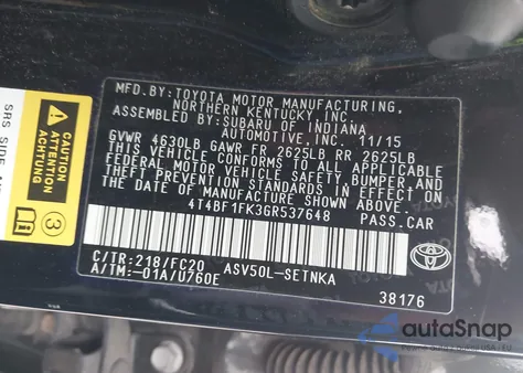 2016 Toyota Camry Le z USA, uszkodzony, nr VIN 4T4BF1FK3GR537648